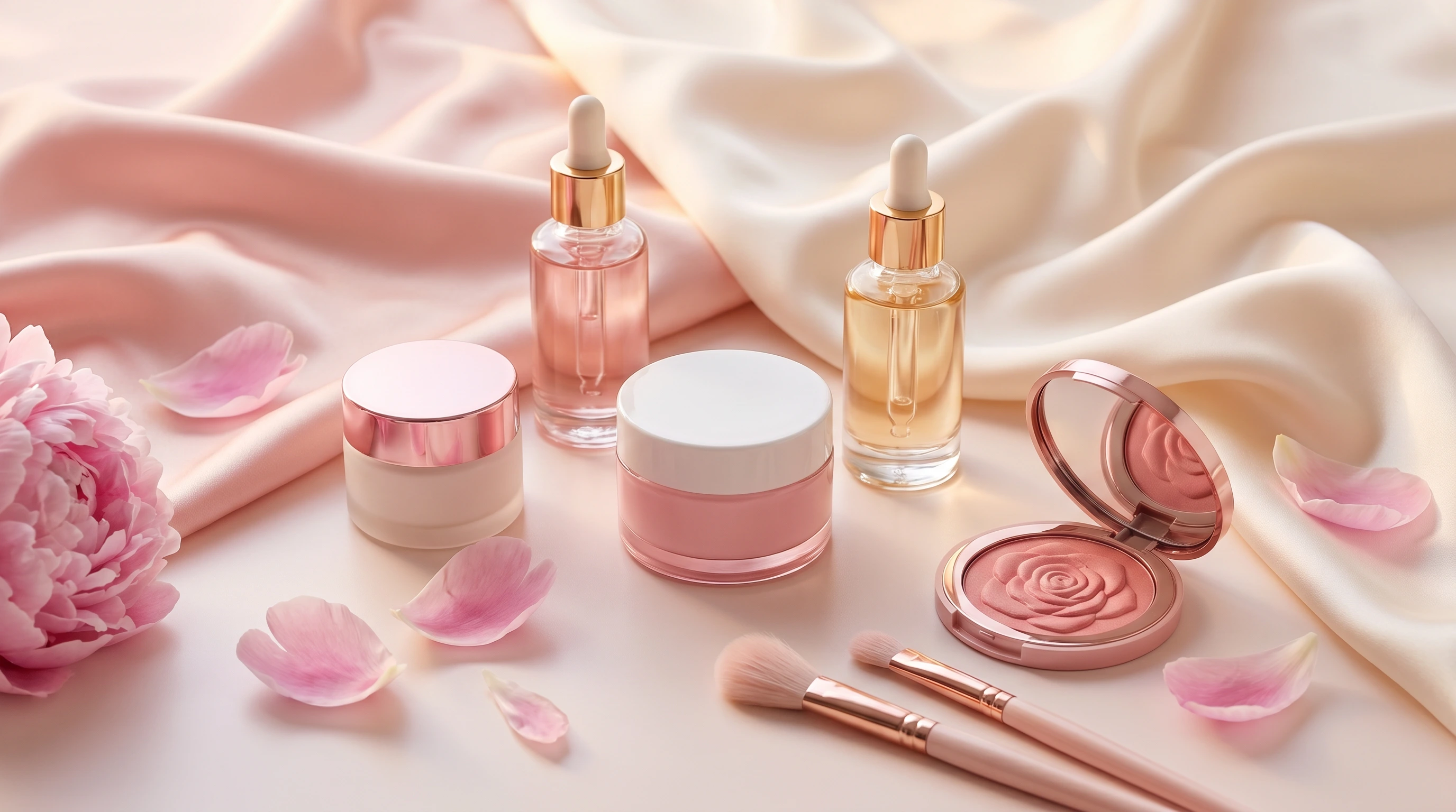 Quinn Beauty 精選護膚及彩妝產品平面構圖,搭配粉色牡丹花瓣與絲緞背景
