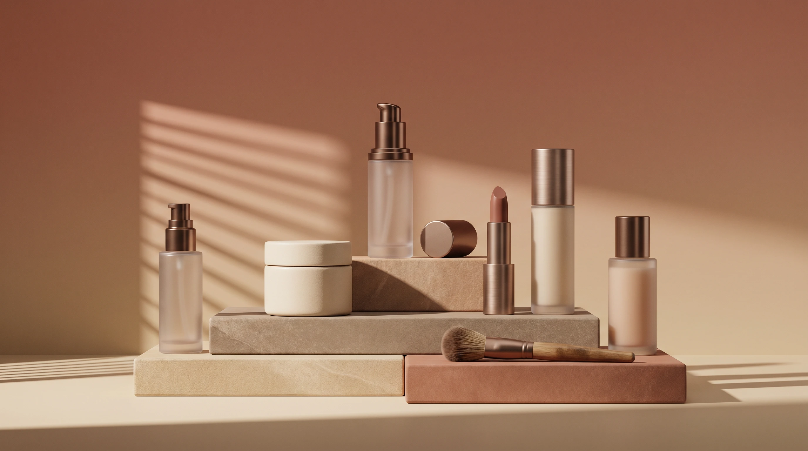 Quinn Beauty 高端護膚產品陳列於幾何石座上,以暖色調極簡風格呈現